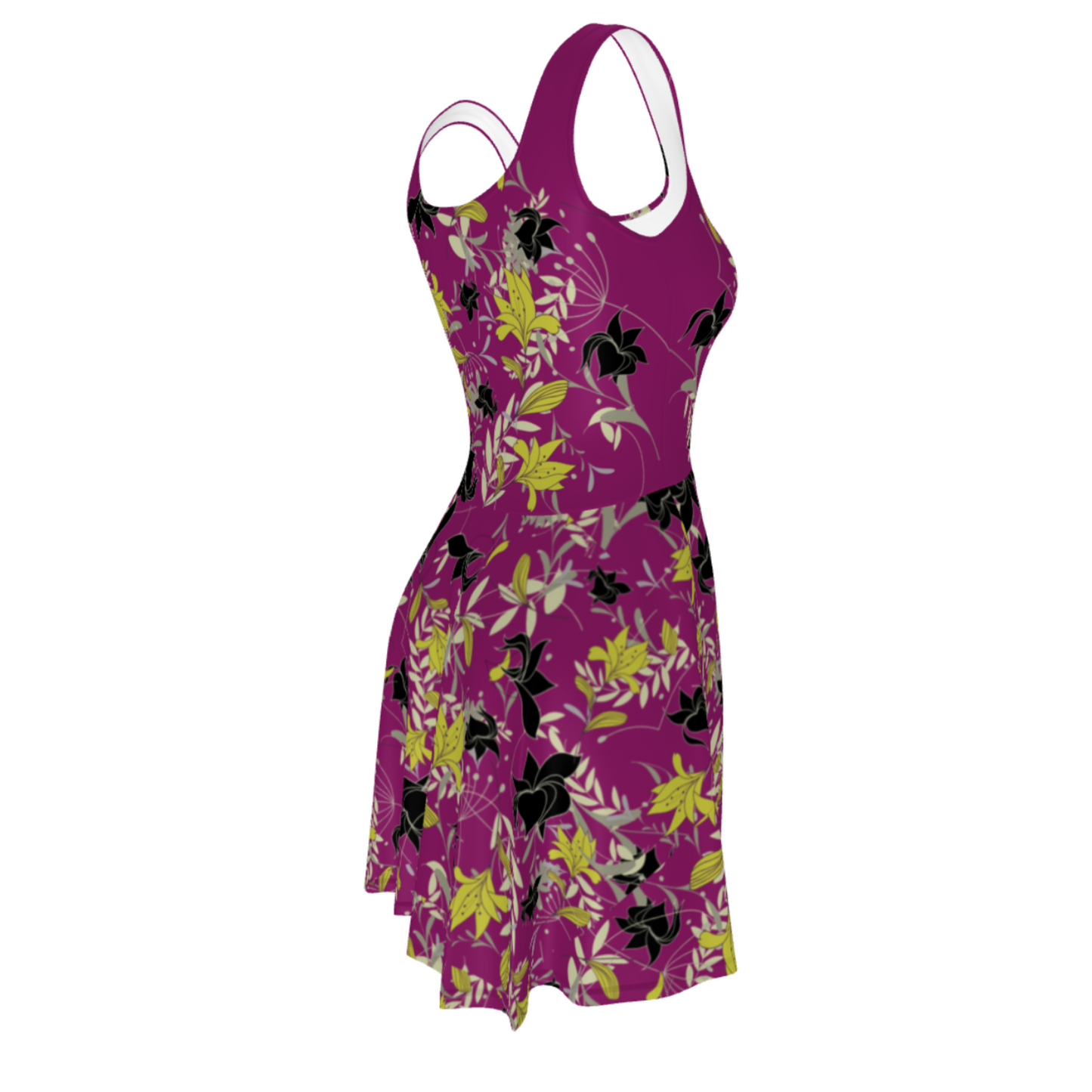 Flare Short Sleeveless Dress - Floral Purple Leaves - Casual Everyday Holiday Dance Party | 3006