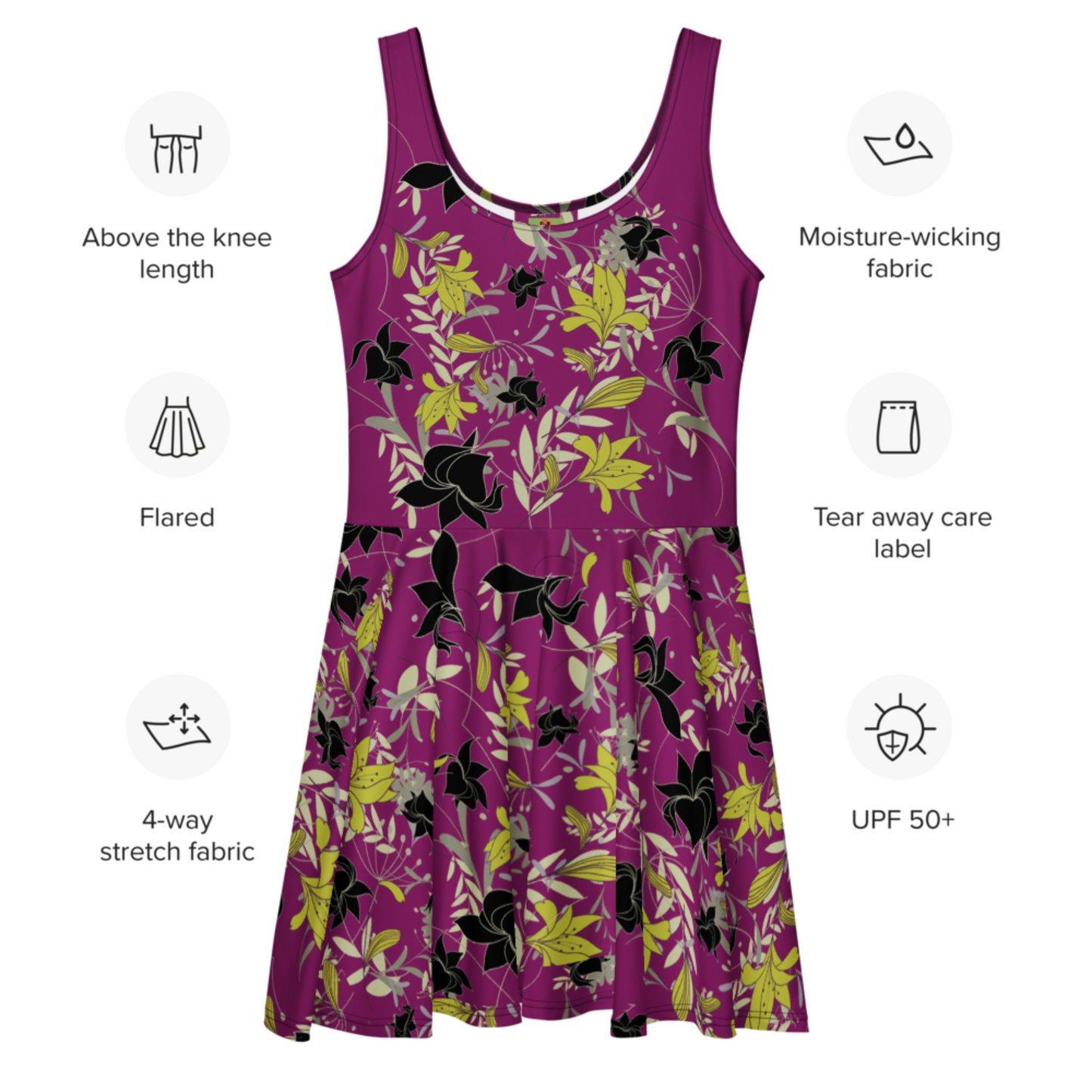 Flare Short Sleeveless Dress - Floral Purple Leaves - Casual Everyday Holiday Dance Party | 3006