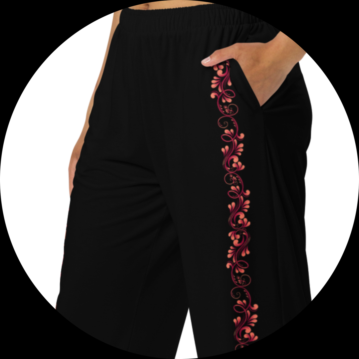 Tango Casual Pants - Red Vine decoration - Wide Leg Unisex Black Pants | 1066
