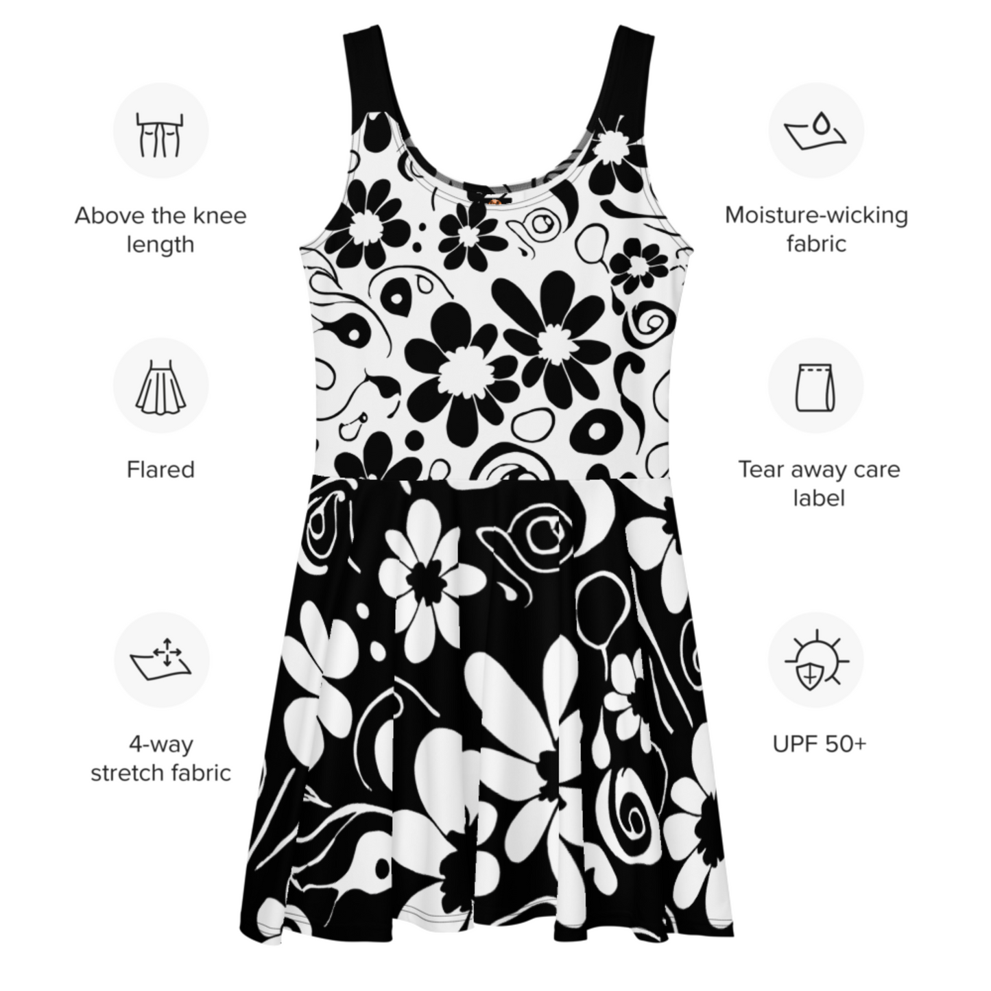 Flare Short Sleeveless Dress - Black & White Flowers | 3017