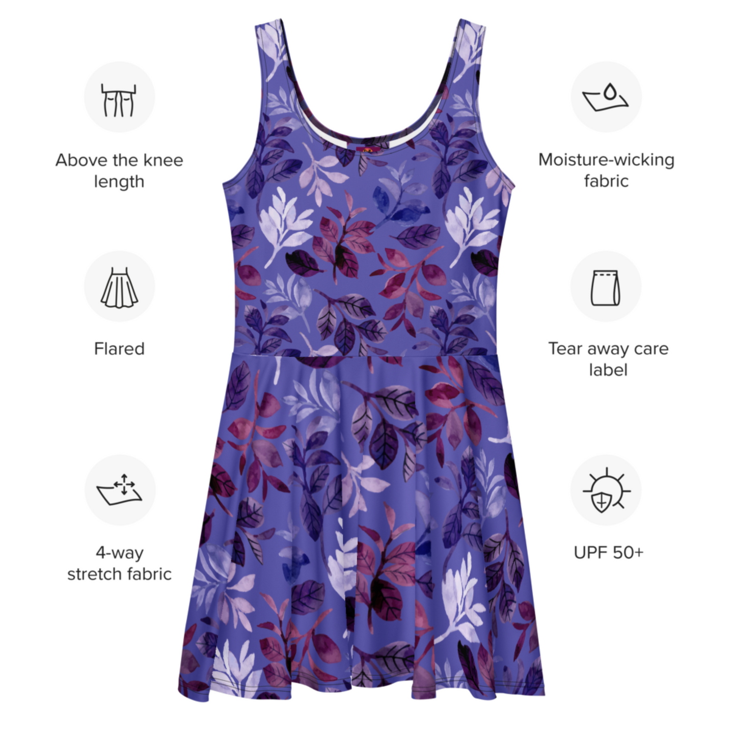 Flare Short Sleeveless Dress - Floral Violet Purple Leaves | 3004
