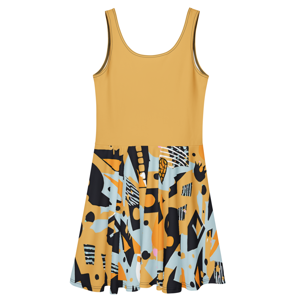 Flare short sleeveless dress, yellow, black, white, teal, abstract, funk | 3009