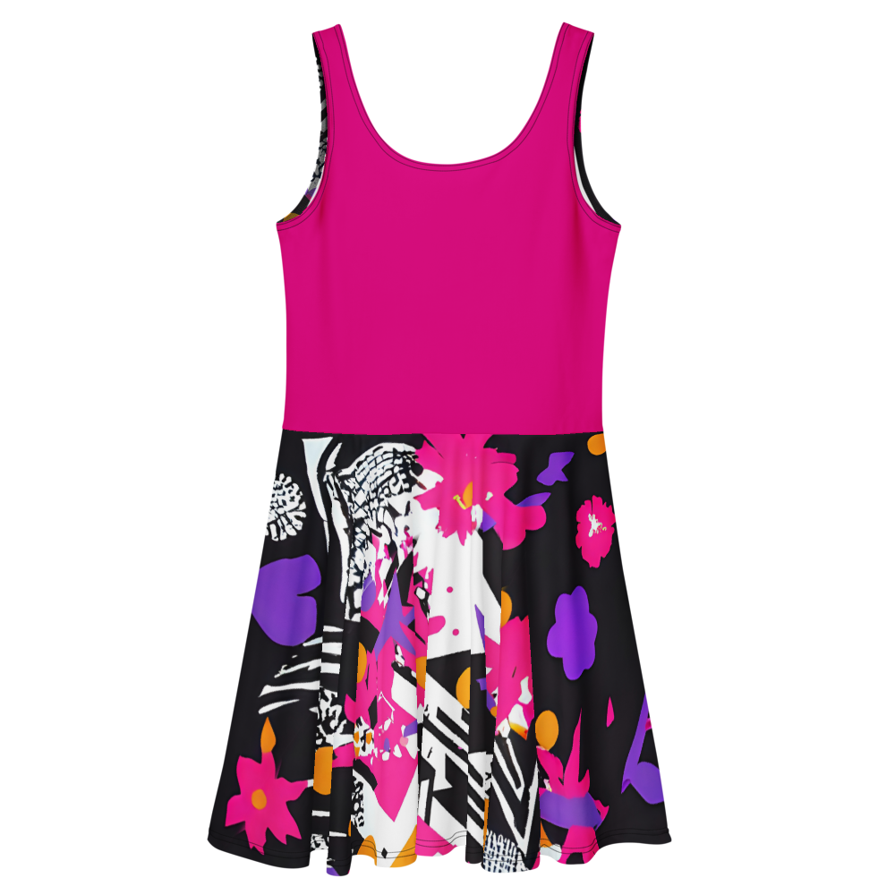 Flare short sleeveless dress, fuchsia, black, white, orange, abstract, funk | 3008