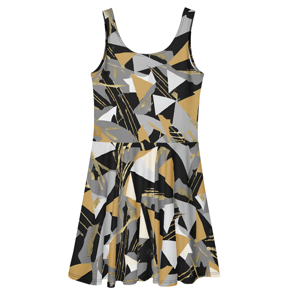 Flare short sleeveless dress, gold, black, gray, white, abstract, funk | 3014