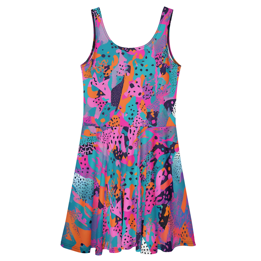Flare short sleeveless dress, teal, orange, pink, black, playful, abstract, 80s vibe, retro pop | 3026