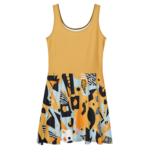 Flare short sleeveless dress, yellow, black, white, teal, abstract, funk | 3009