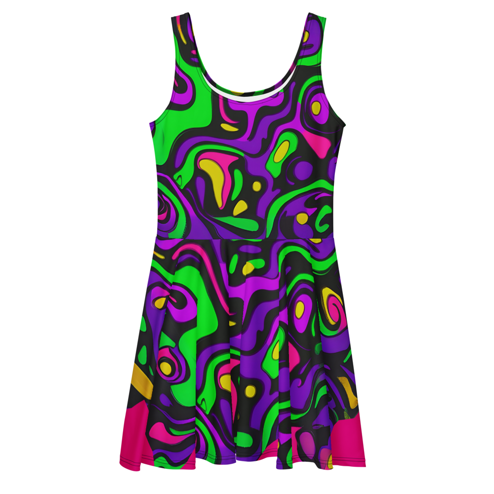 Flare short sleeveless dress, purple, green, pink, coral, abstract, funk | 3001