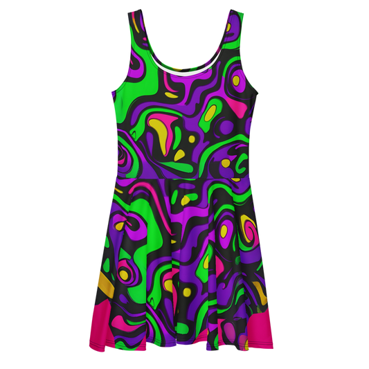 Flare short sleeveless dress, purple, green, pink, coral, abstract, funk | 3001