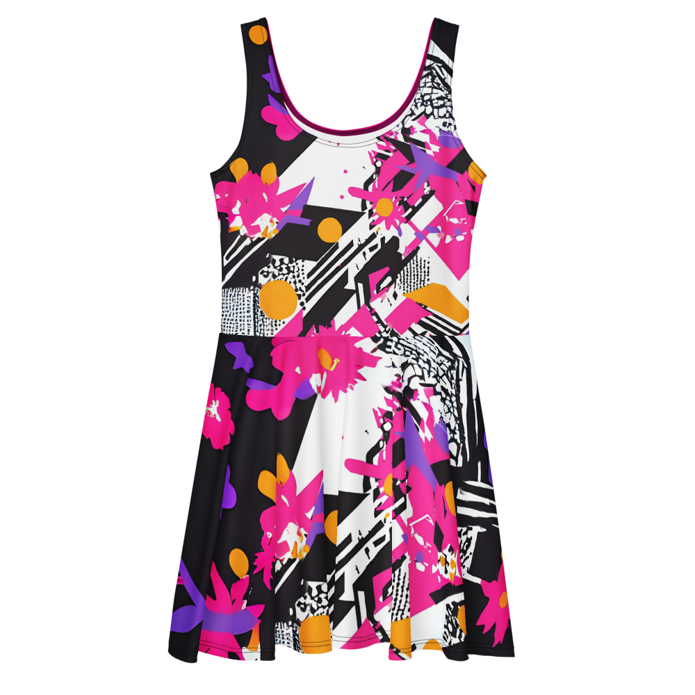 Flare short sleeveless dress, fuchsia, black, white, orange, abstract, funk | 3008