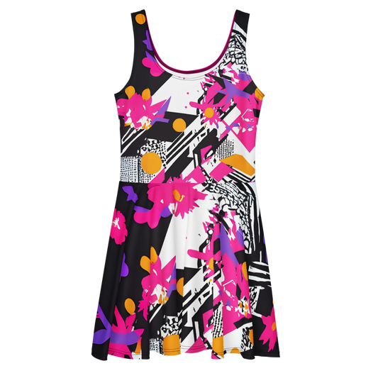 Flare short sleeveless dress, fuchsia, black, white, orange, abstract, funk | 3008