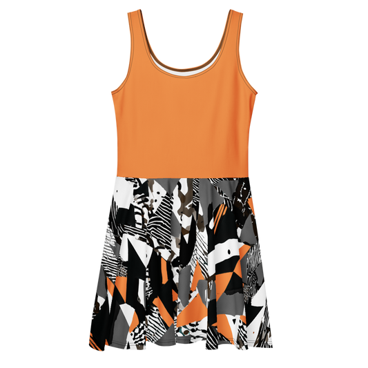 Flare short sleeveless dress,  orange, black, grey, white, abstract, funk | 3011