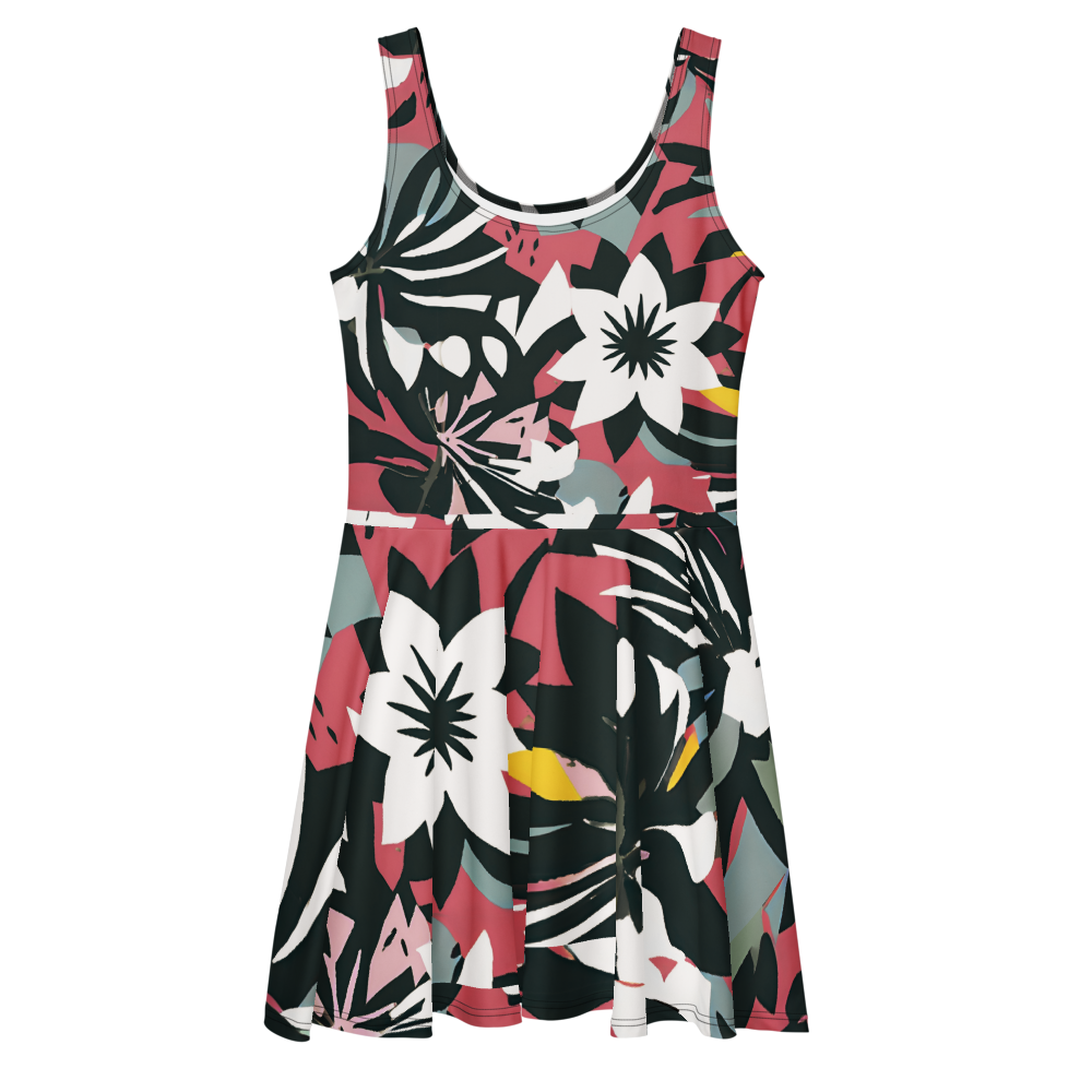 Flare short sleeveless dress, brick red, black, white, flower, abstract, funk | 3025