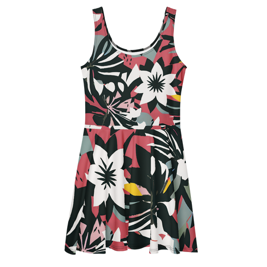 Flare short sleeveless dress, brick red, black, white, flower, abstract, funk | 3025