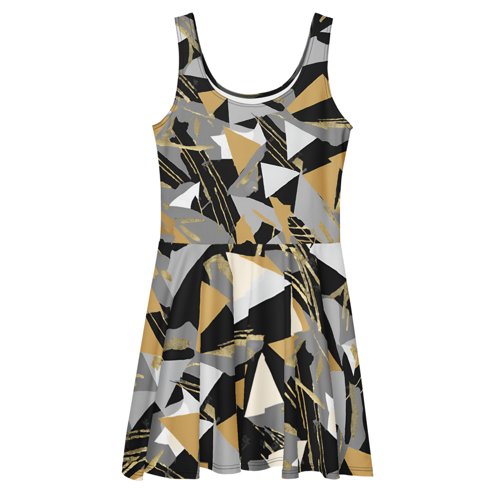 Flare short sleeveless dress, gold, black, gray, white, abstract, funk | 3014