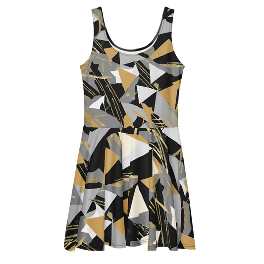Flare short sleeveless dress, gold, black, gray, white, abstract, funk | 3014