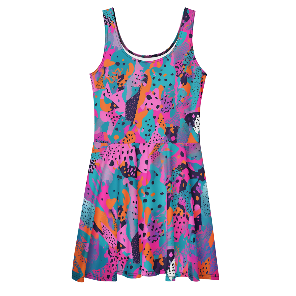 Flare short sleeveless dress, teal, orange, pink, black, playful, abstract, 80s vibe, retro pop | 3026