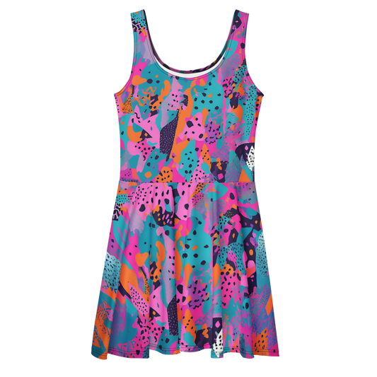 Flare short sleeveless dress, teal, orange, pink, black, playful, abstract, 80s vibe, retro pop | 3026