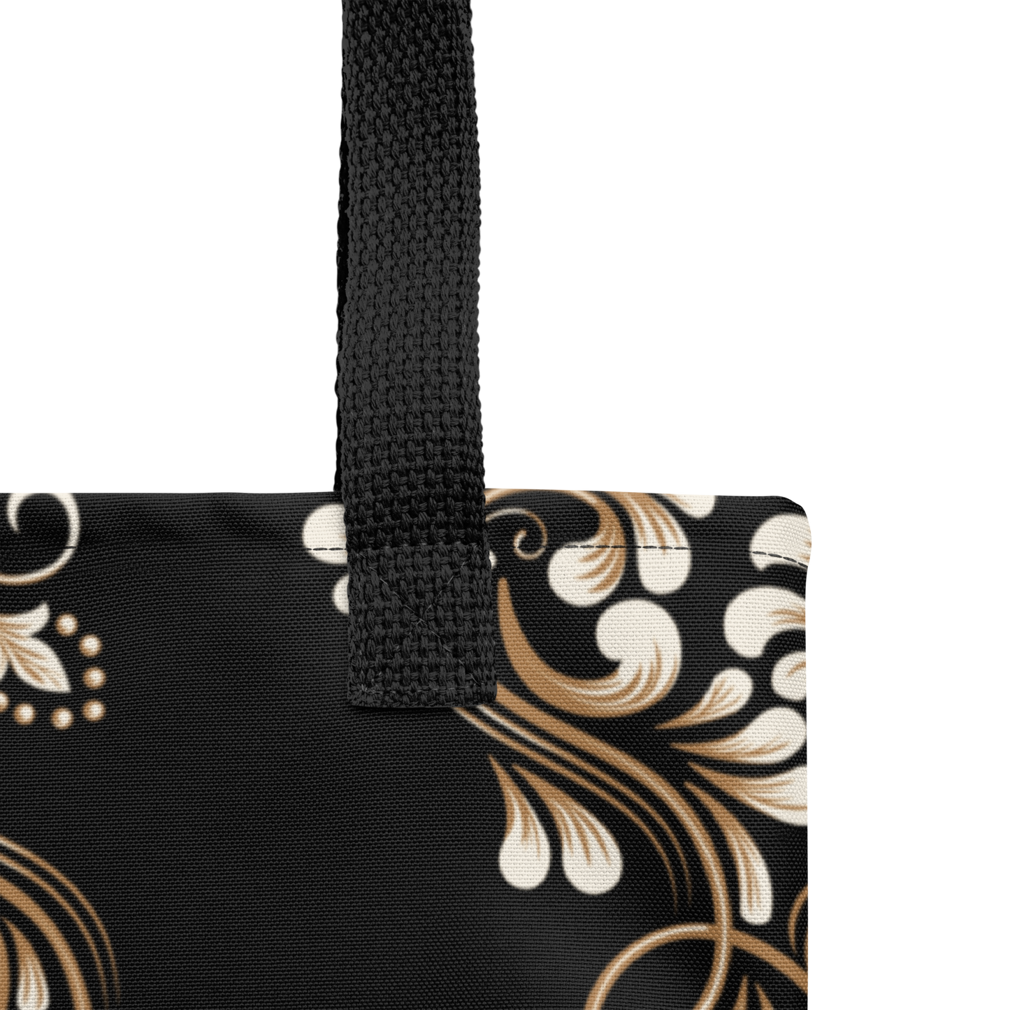 Tote bag - Tango theme - Ecru Bronze decoration - Black tote bag, Black handles, Both sides print | 8056