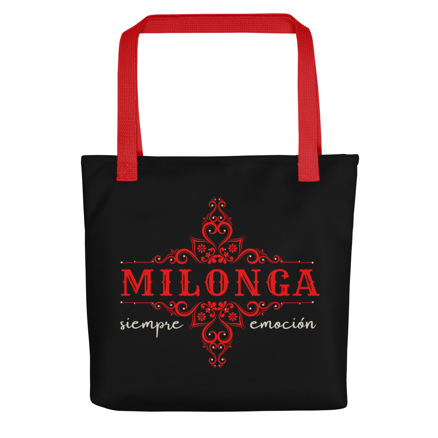 Tote bag - Tango theme- Milonga - Black tote, Red Handle, Red decoration, Red medallion on the back side | 8067