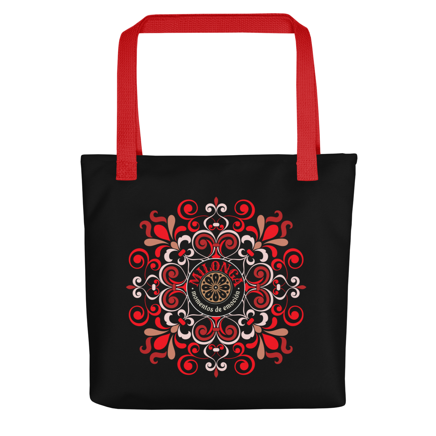 Tote bag - Tango theme- Milonga - Black tote, Red Handle, Red medallion decoration | 8068