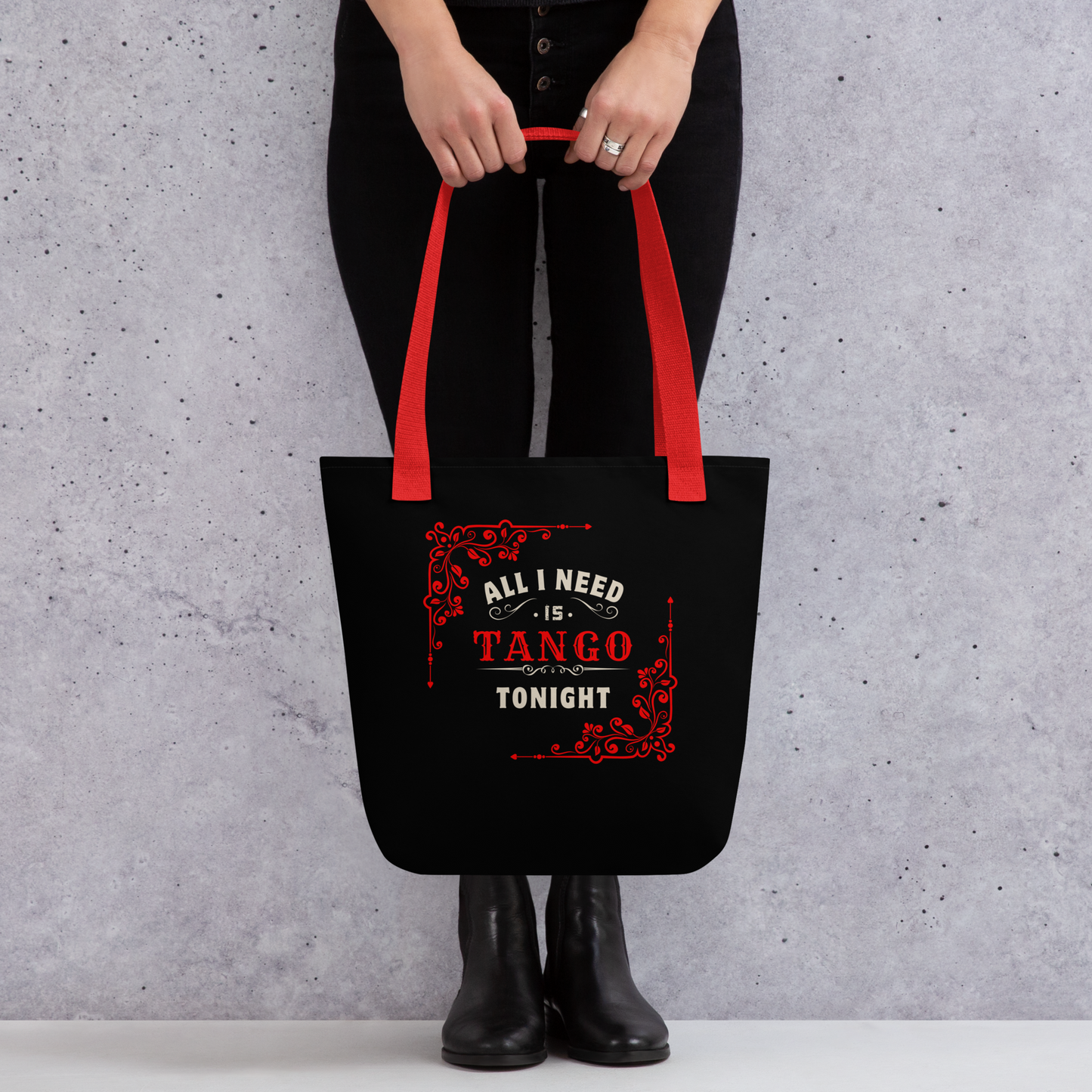 Tote bag - All I Need Is Tango Tonight - Black tote, Red Handles, Red decoration on front side | 8051