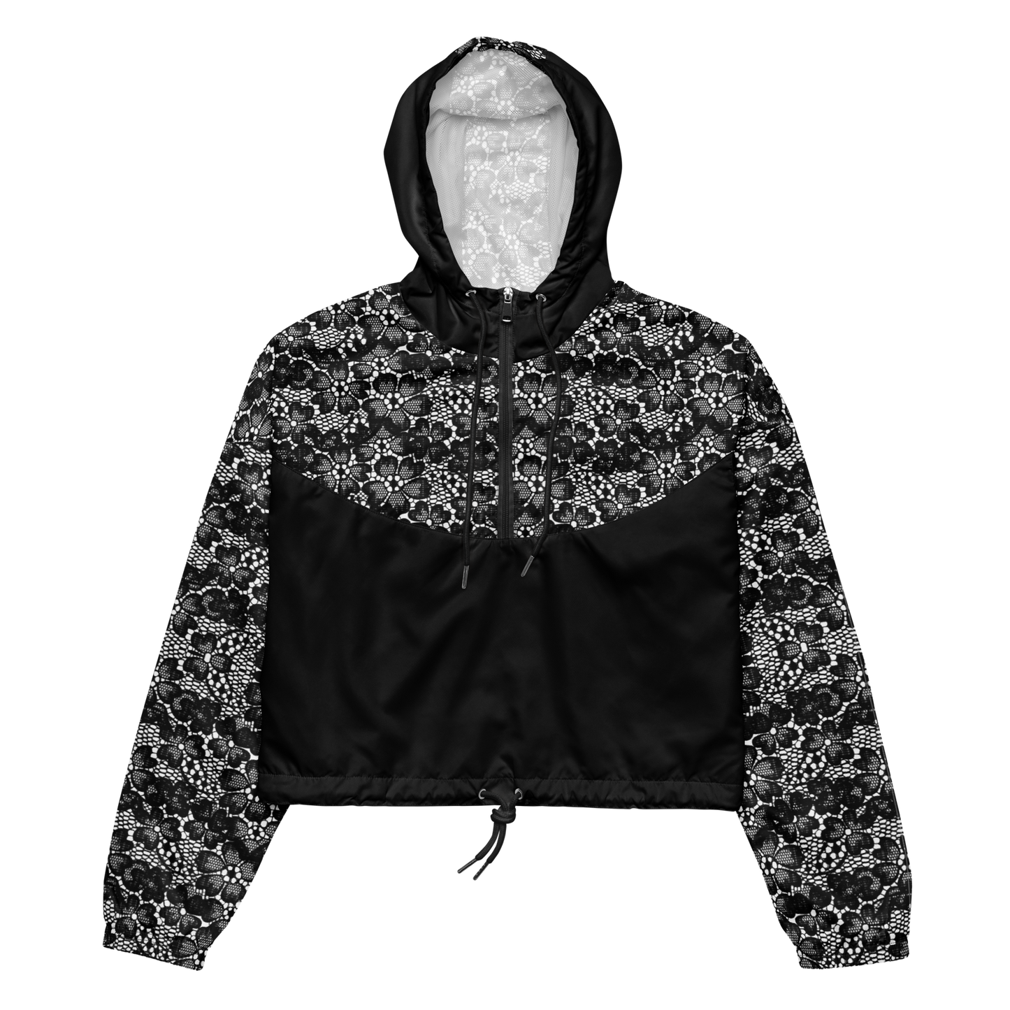 Women’s cropped windbreaker - Black Lace print - Romantic Noir | 10002