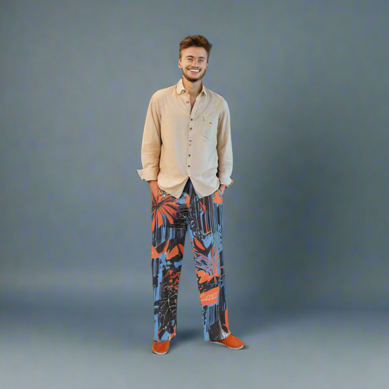 Wide leg straight pants, unisex, orange, blue, floral, abstract | 1011