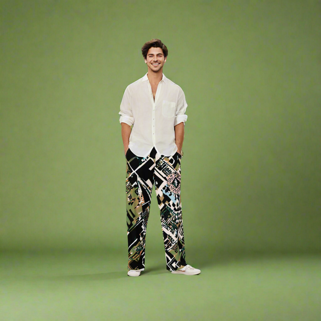 Wide leg straight pants, unisex, green, black, white, earthy, abstract | 1013