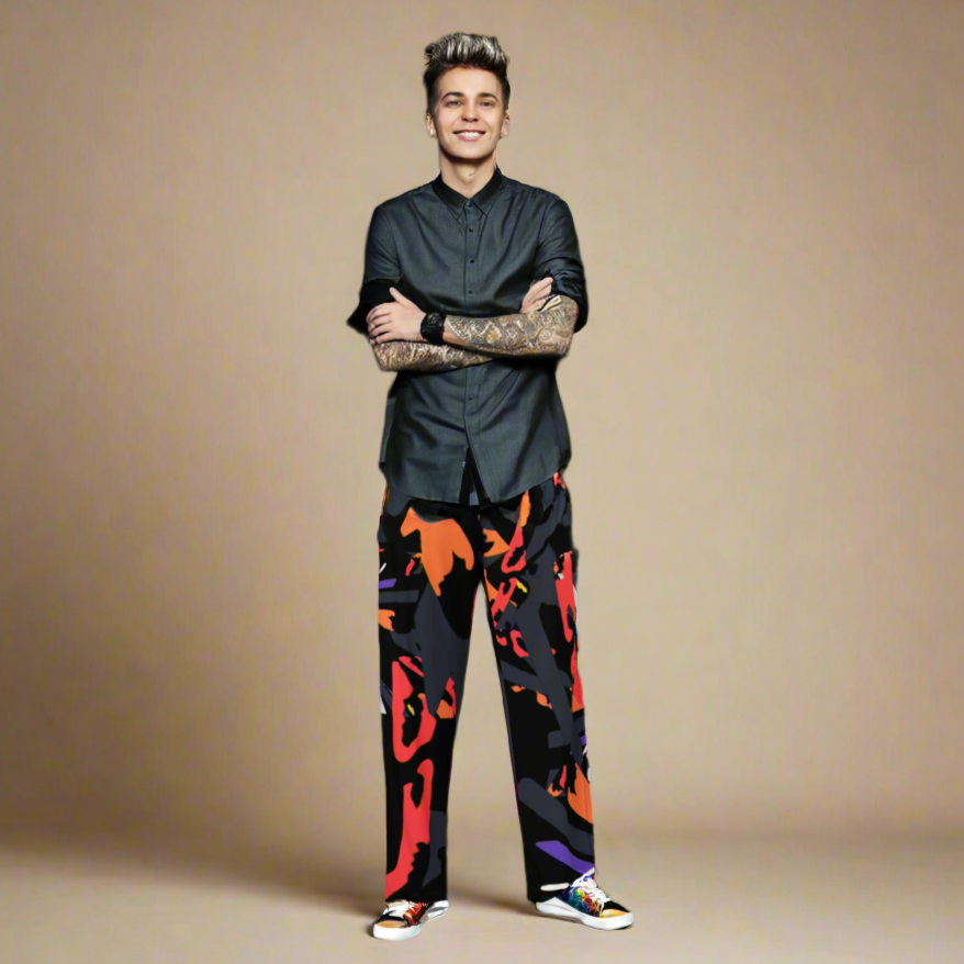 Wide leg straight pants, unisex, orange, red, grey, black, abstract | 1016