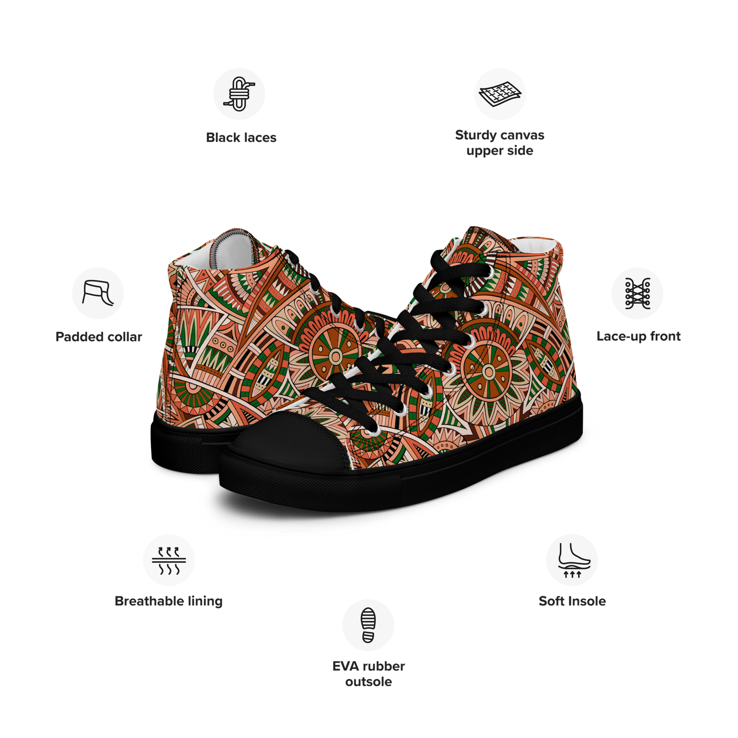 Men’s high top canvas shoes - Ethnic-Boho Fusion Orange | 5034