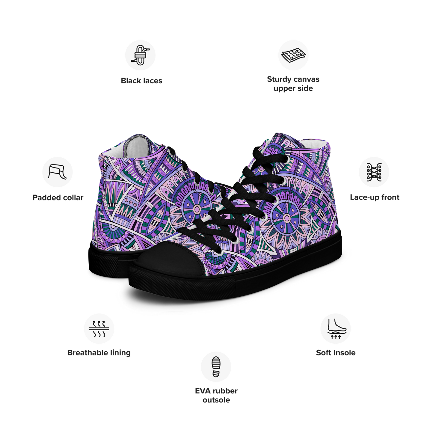 Men’s high top canvas shoes - Ethnic-Boho Fusion Lilac | 5035
