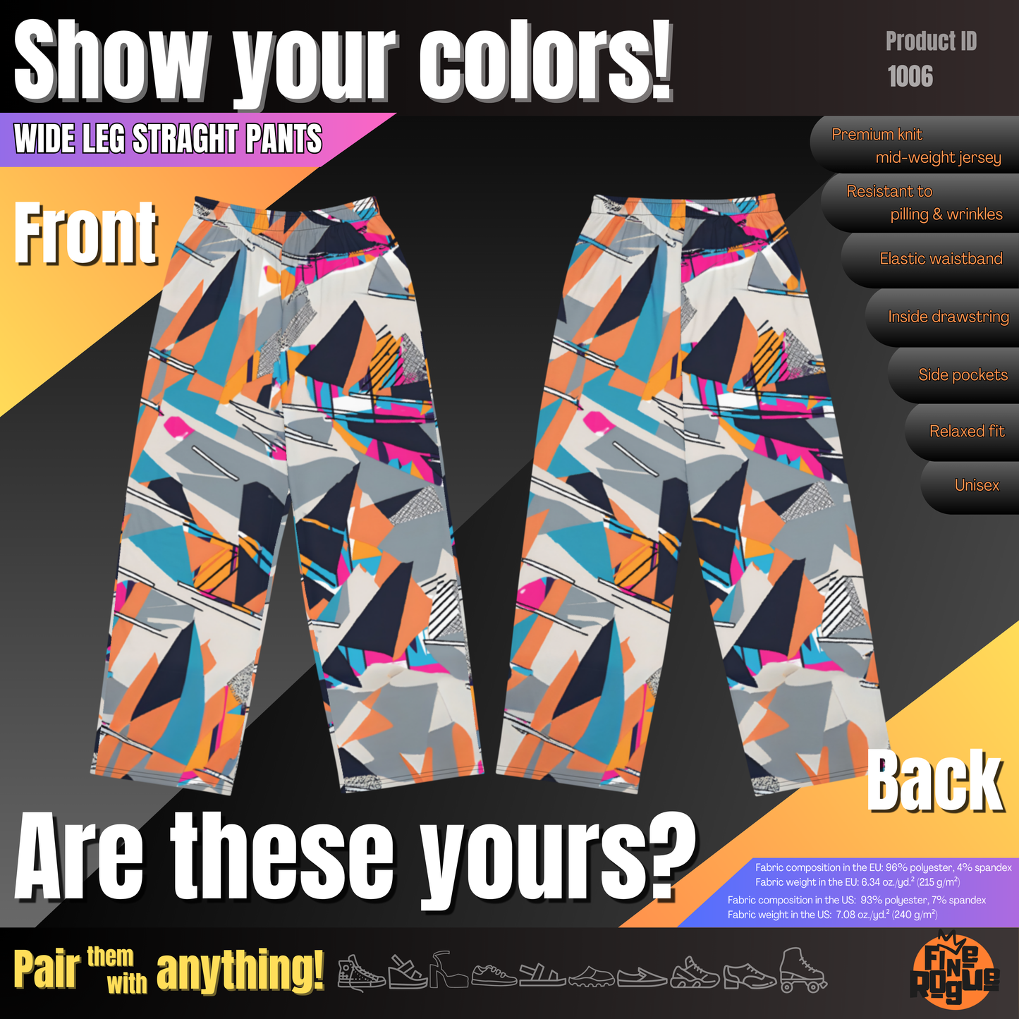 Wide leg straight pants, unisex, orange, blue, gray, black, geometric | 1006
