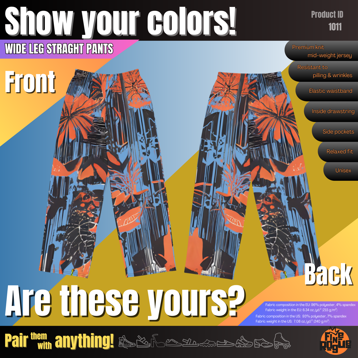 Wide leg straight pants, unisex, orange, blue, floral, abstract | 1011
