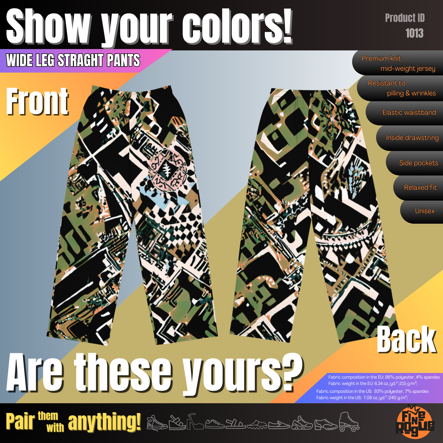 Wide leg straight pants, unisex, green, black, white, earthy, abstract | 1013