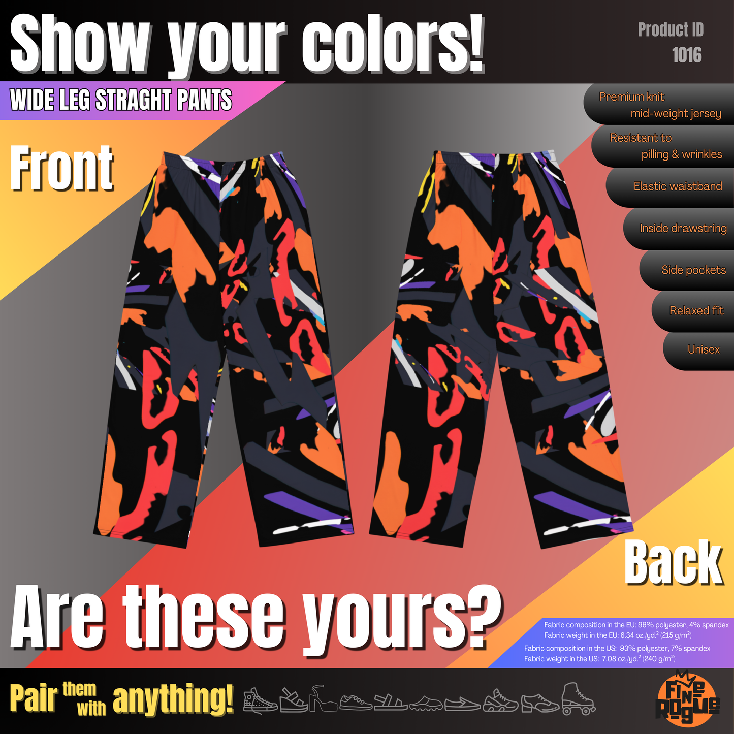 Wide leg straight pants, unisex, orange, red, grey, black, abstract | 1016