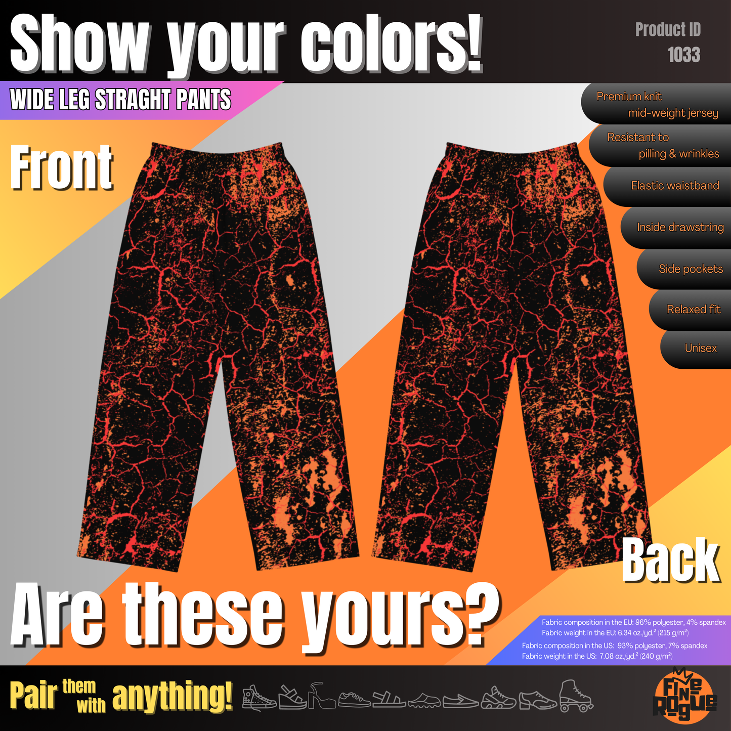 Wide leg straight pants, unisex, lava, orange, red, black | 1033