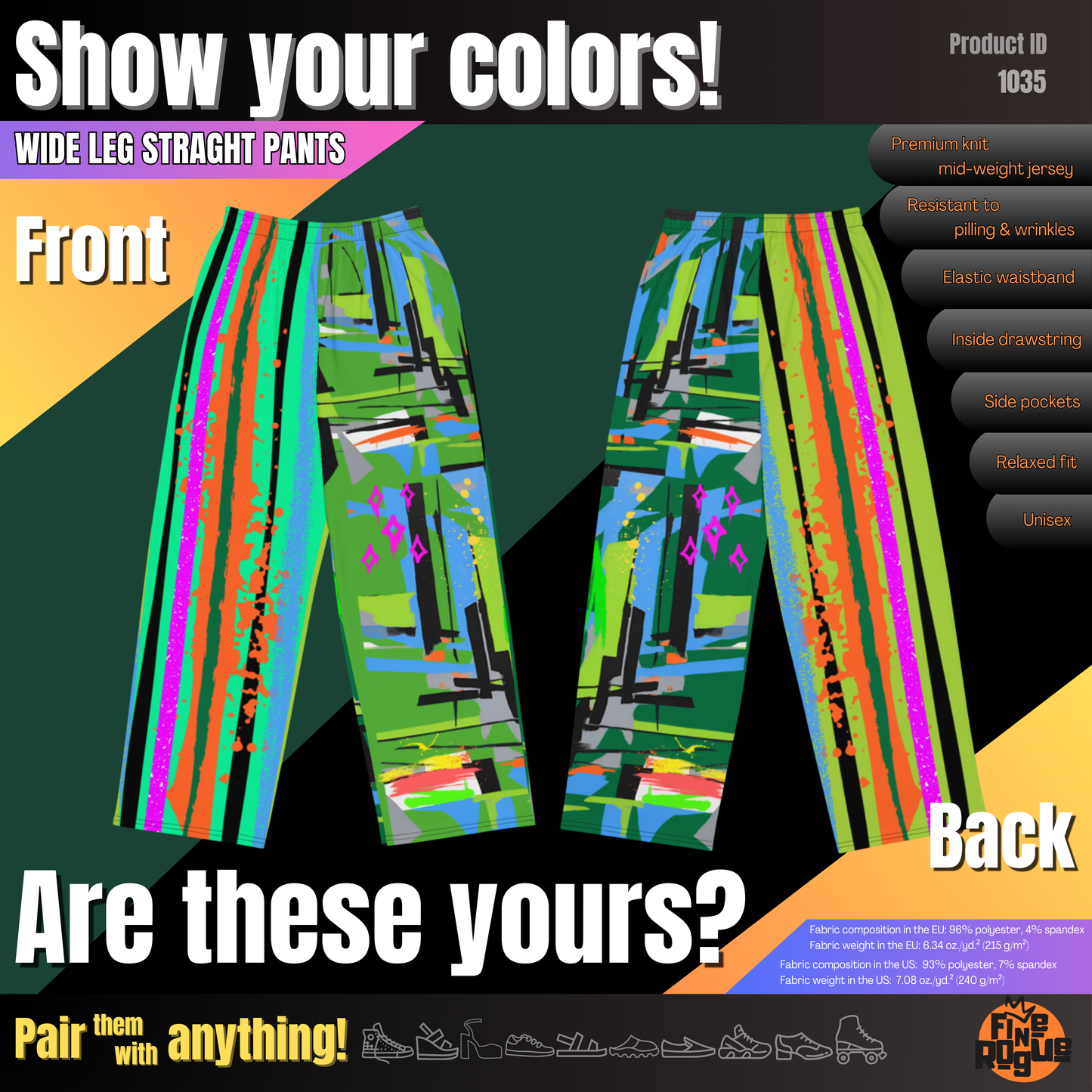 Wide leg straight pants, unisex, green, orange, pink, blue, colorful | 1035
