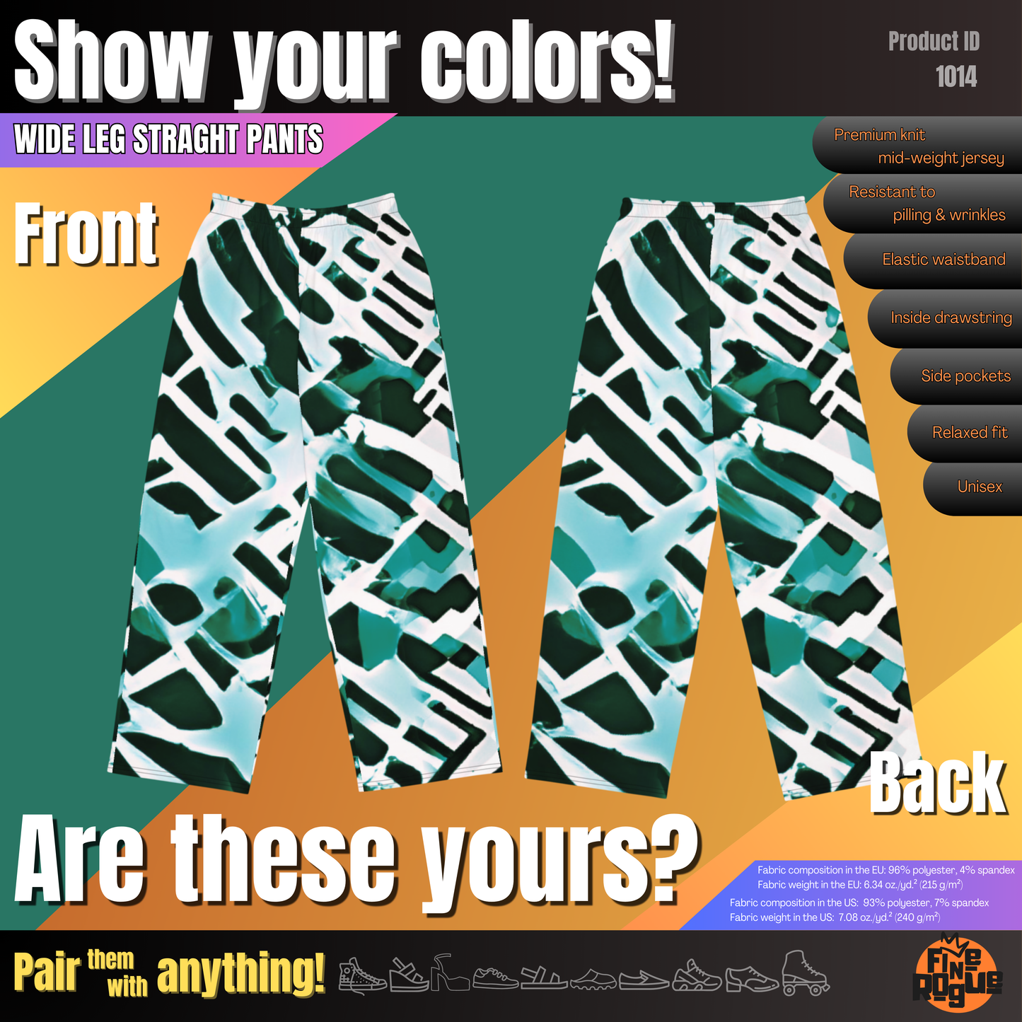 Wide leg straight pants, unisex, teal, green, white, black, abstract | 1014