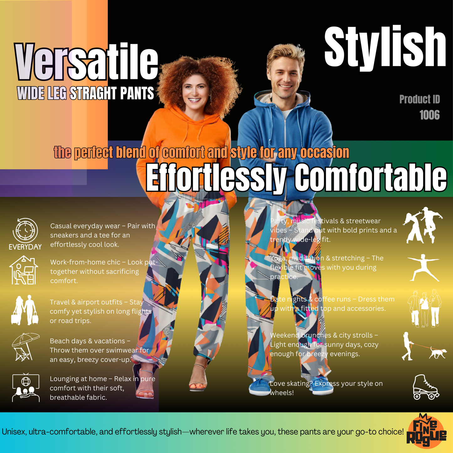 Wide leg straight pants, unisex, orange, blue, gray, black, geometric | 1006