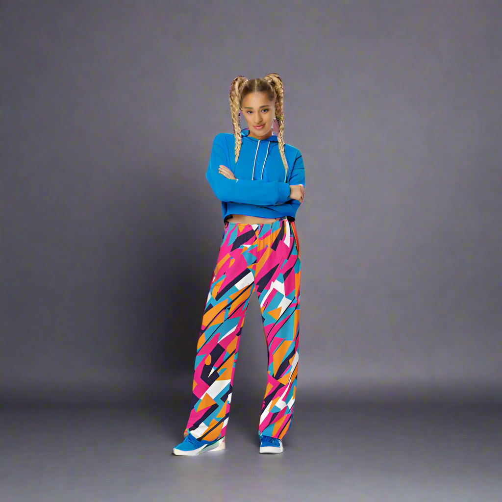 Wide leg straight pants, unisex, pink, orange, turquoise, black, geometric, abstract | 1005
