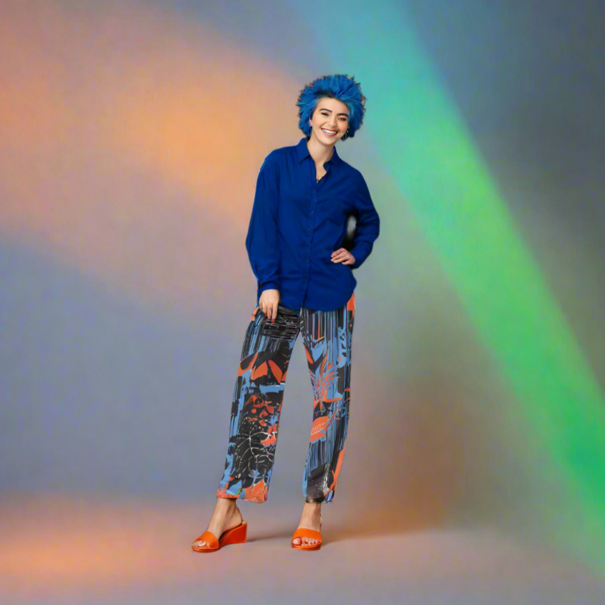 Wide leg straight pants, unisex, orange, blue, floral, abstract | 1011