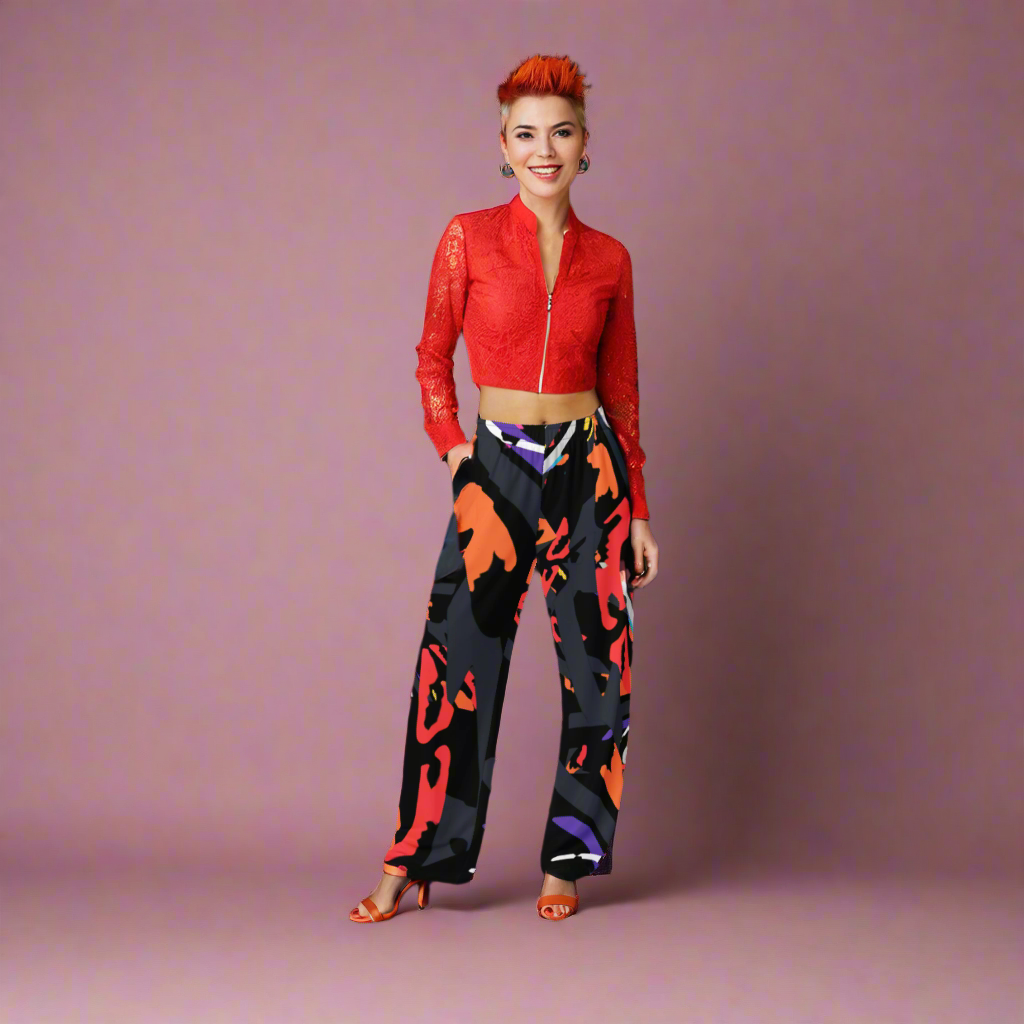 Wide leg straight pants, unisex, orange, red, grey, black, abstract | 1016