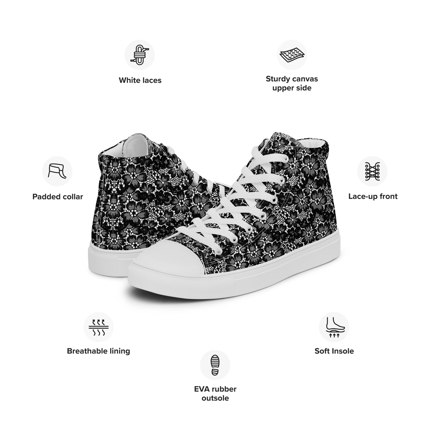 Women’s high top canvas shoes - Black Lace print - Romantic Noir | 10004